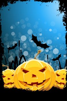 Grungy Halloween Background with Pumpkin, Bats and Grass
