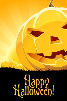 Halloween Background with Pumpkins, Grass and Full Moon