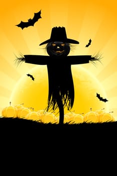 Halloween background with grass moon scarecrow and pumpkins