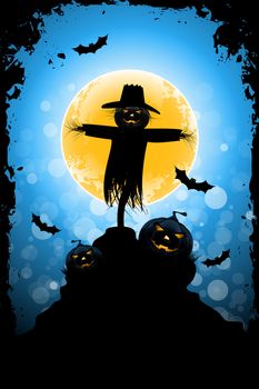 Grungy Halloween Background with Scarecrow, Pumpkin, and Full Moon