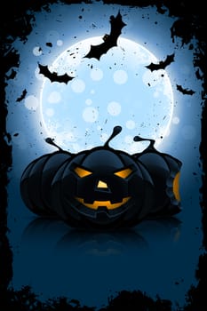 Grunge Background for Halloween Party with Moon, Pumpkins and Bats