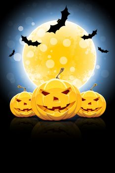 Background for Halloween Party with Moon, Pumpkins and Bats