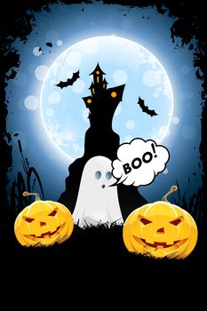 Halloween Background with Moon, Castle, Ghost and Jack-o-Lantern