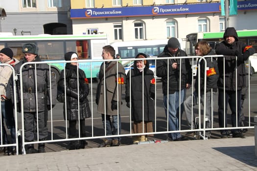 Moscow, Russia - March 10, 2012. Vigilantes in the cordon around the opposition rally