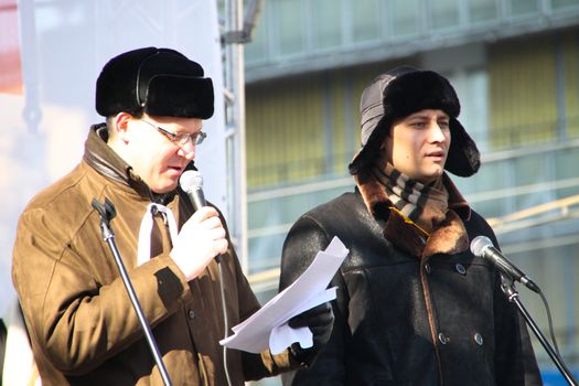 Moscow, Russia - March 10, 2012. Policy Nikolay Ryzhkov and Dmitry Gudkov on an opposition rally on election results