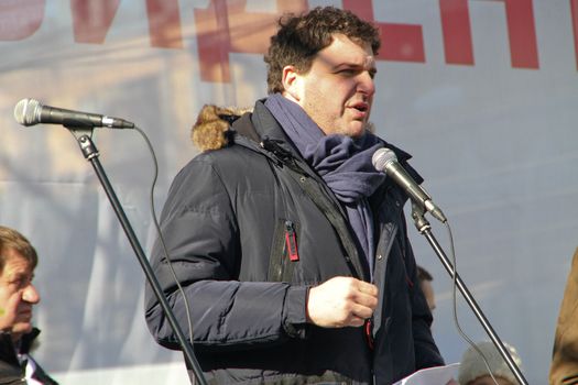 Moscow, Russia - March 10, 2012. Actor Maxim Vitorgan on an opposition rally on election results