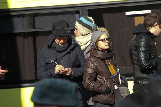 Moscow, Russia - March 10, 2012. Press Secretary Boris Nemtsov Olga Shorina on an opposition rally on election results