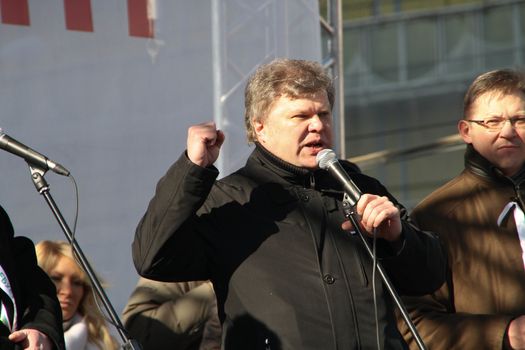 Moscow, Russia - March 10, 2012. Politician Sergei Mitrokhin on an opposition rally on election results