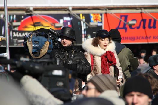 Moscow, Russia - March 10, 2012. Political activist Leonid Razvozzhaev on an opposition rally on election results