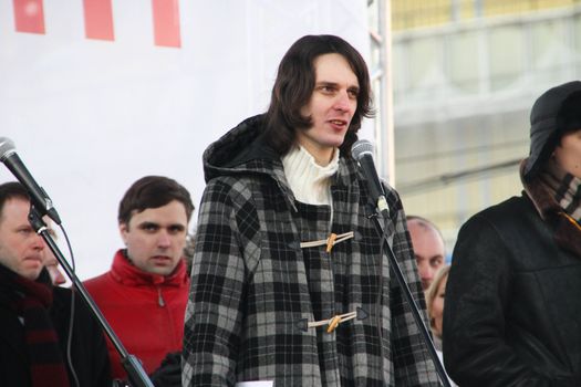 Moscow, Russia - March 10, 2012. Municipal Deputy Maxim Katz on an opposition rally on election results