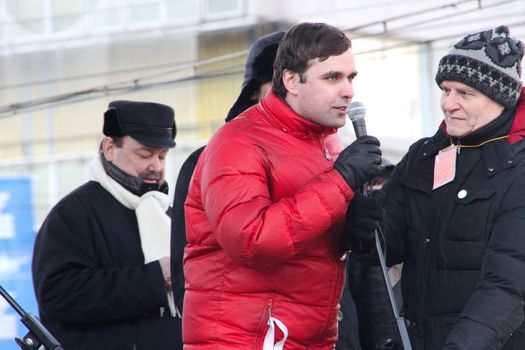 Moscow, Russia - March 10, 2012. Politician Konstantin Jankauskas on an opposition rally on election results