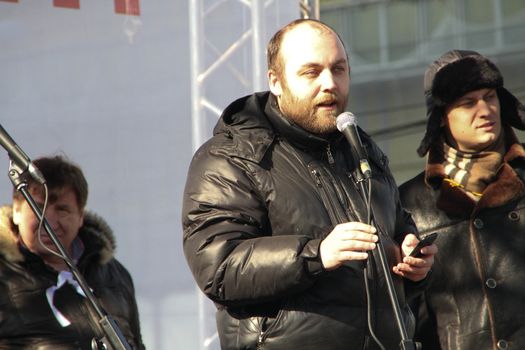 Moscow, Russia - March 10, 2012. Civil activist Peter Shkumatov on an opposition rally on election results