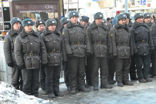 Moscow, Russia - March 10, 2012. Soldiers of the internal troops in the cordon around the opposition rally