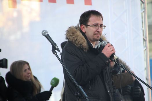 Moscow, Russia - March 10, 2012. Lawyer Nikolai Polozov on an opposition rally on election results