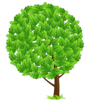 Green tree icon with leaves and grass isolated on white