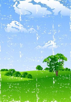 Grunge summer landscape with trees and flowers vector illustration