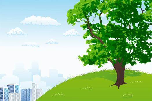 Green Tree with city panorama and cloudscape