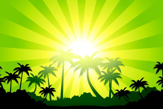 Tropical landscape with palm tree and rays