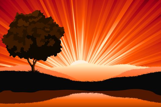 Amazing natural sunrise landscape with tree silhouette, vector illustration