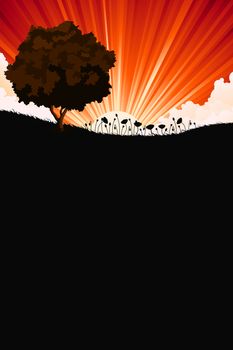 Nature sunrize landscape with tree and flowers for Your design. Vertical orientation