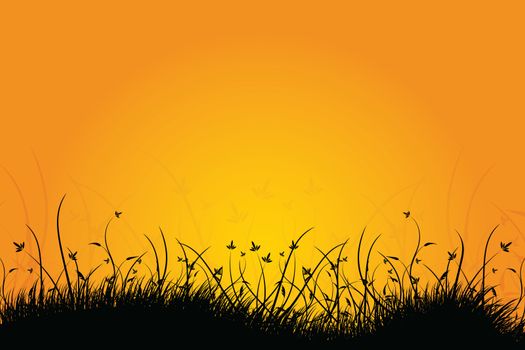 Amazing natural sunrise landscape with grass silhouette for your design