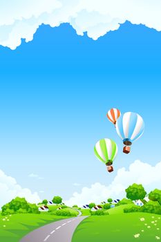 Summer Landscape with blue sky trees flowers small village clouds and balloons