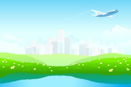 Green Landscape with City, aircraft, lake and flowers