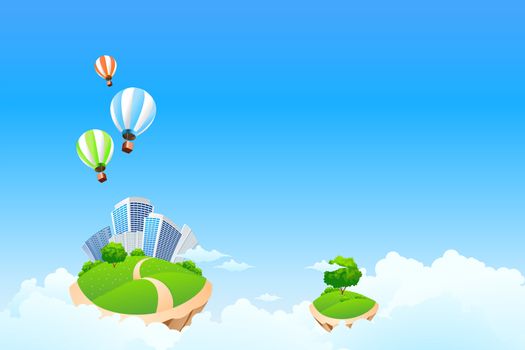 Fantasy background with clouds tree balloons and City for your design