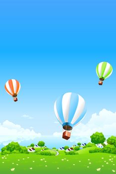 Green Landscape with Hot Air Balloons clouds water and houses