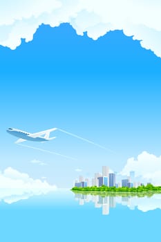 Business City Landscape with clouds water and airplane