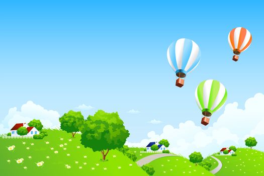 Green Landscape with Balloons clouds and houses