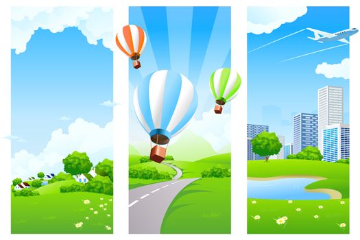 Three Nature banners with clouds grass flowers aircraft and balloons
