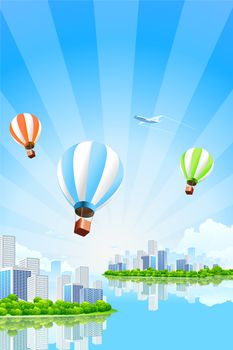 Business City Island with clouds water rays hot air balloons and airplane