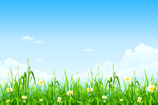 Green background with grass lake clouds and flowers 