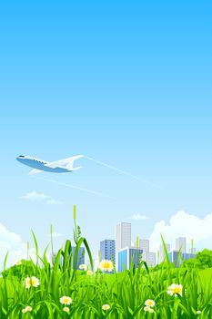 Green City Background with grass clouds and airplane