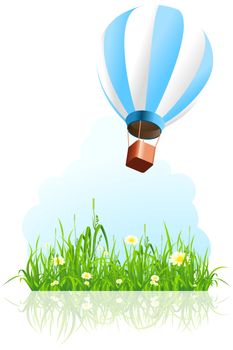 Green grass with flowers and hot air balloon on white background