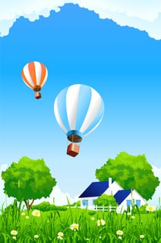 Green home background with flowers grass and balloons