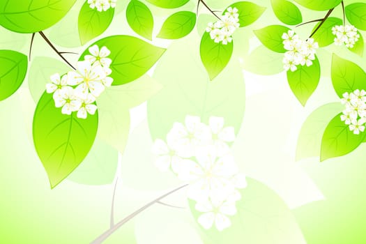 Green background with leaves branches and flowers