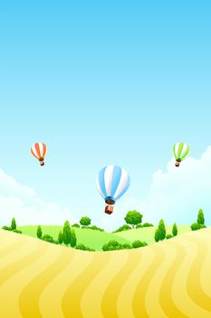 Nature background with field tree and hot air balloons