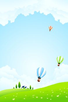 Green Landscape with Hot Air Balloons clouds water and house