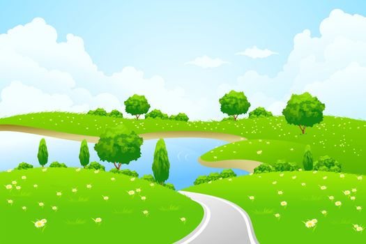 Green Landscape with lake tree road and flowers for your design