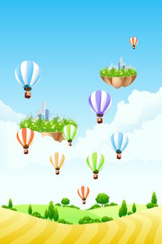 Fantasy background with clouds tree balloons and City for your design