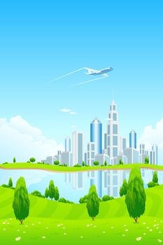 City Landscape with Green Hills Airplane Lake Trees Flowers and Clouds