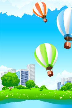 Green city with lake balloons and tree for your design