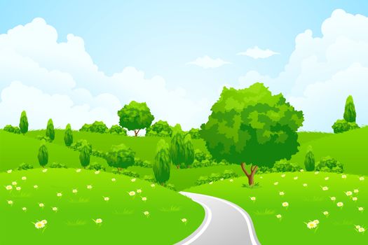 Green Landscape with hill tree road and flowers for your design