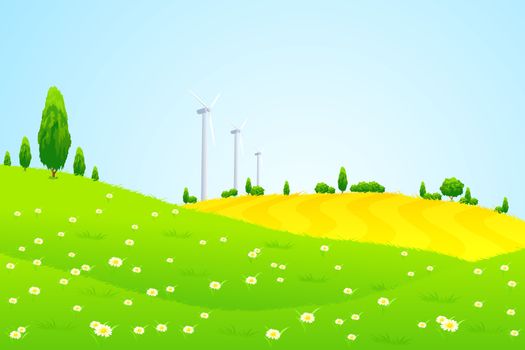 Green Landscape with Wind Power Station Trees Hills and Flowers for your design