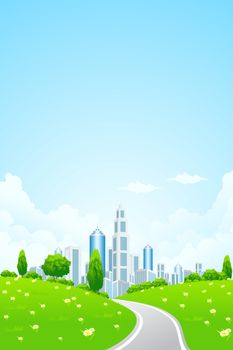 Green Vector landscape with trees road and business city for your design