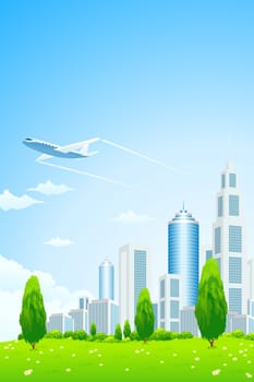 Business City with Aircraft and Green Grass