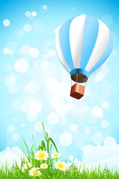 Flowers in the Grass and Hot Air Balloon in the Sky with Clouds and Sparkles