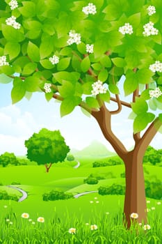 Green Background with Trees Flowers Clouds and Mountains